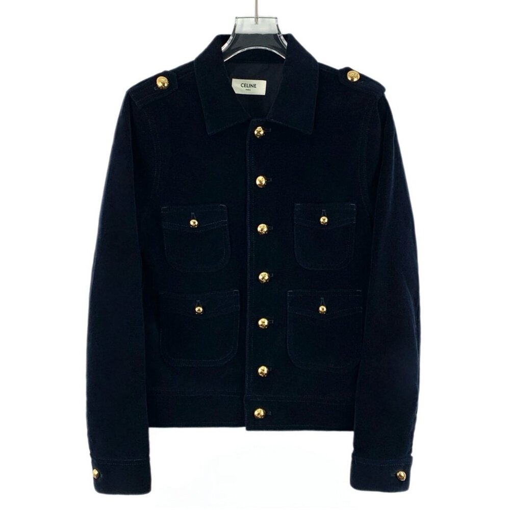 Celine Dark Blue Cotton Lapel Single-Breasted Long-Sleeve Corduroy Jacket, Size